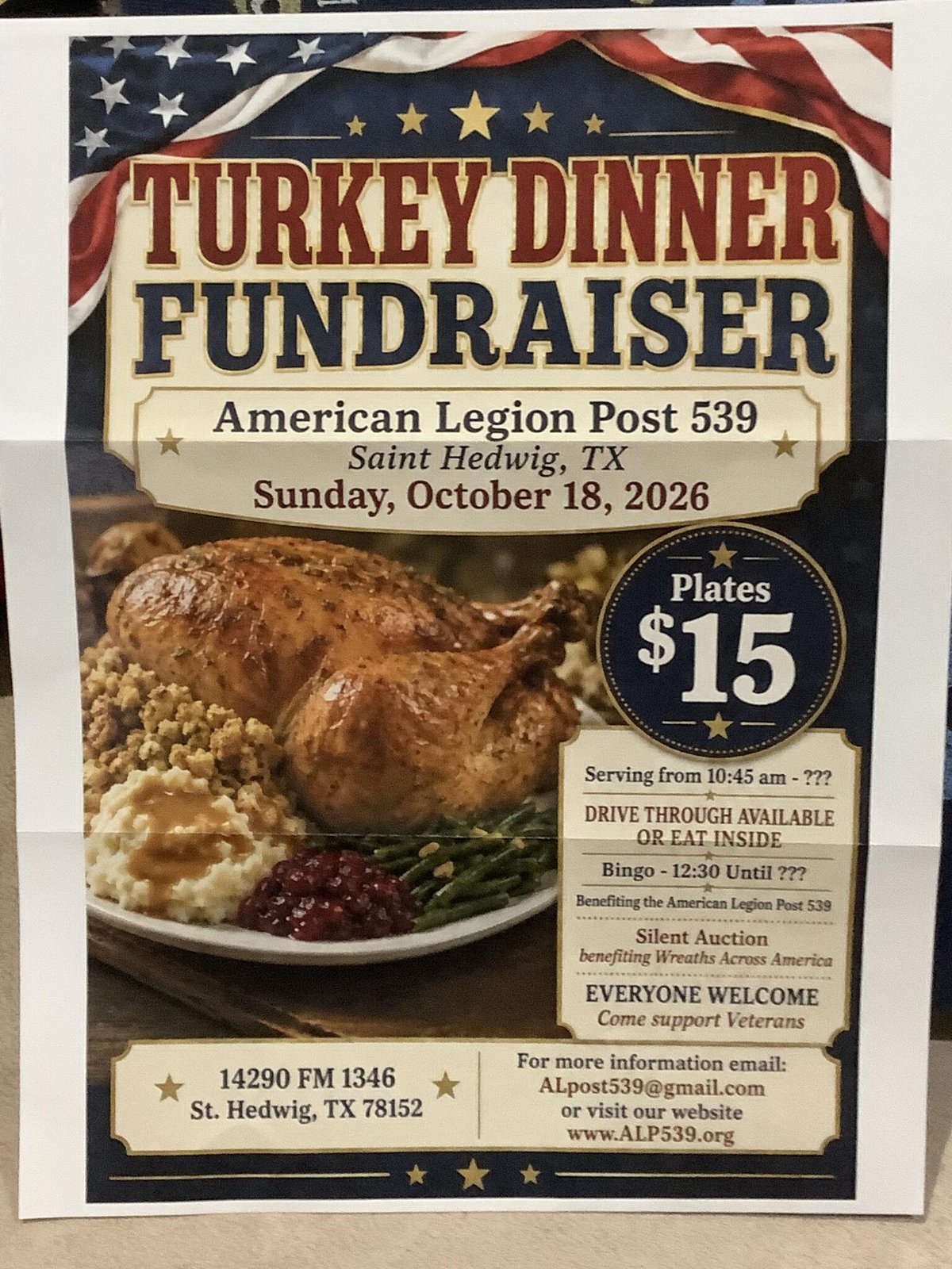 American Legion Post 539 Turkey Dinner Fundraiser flyer